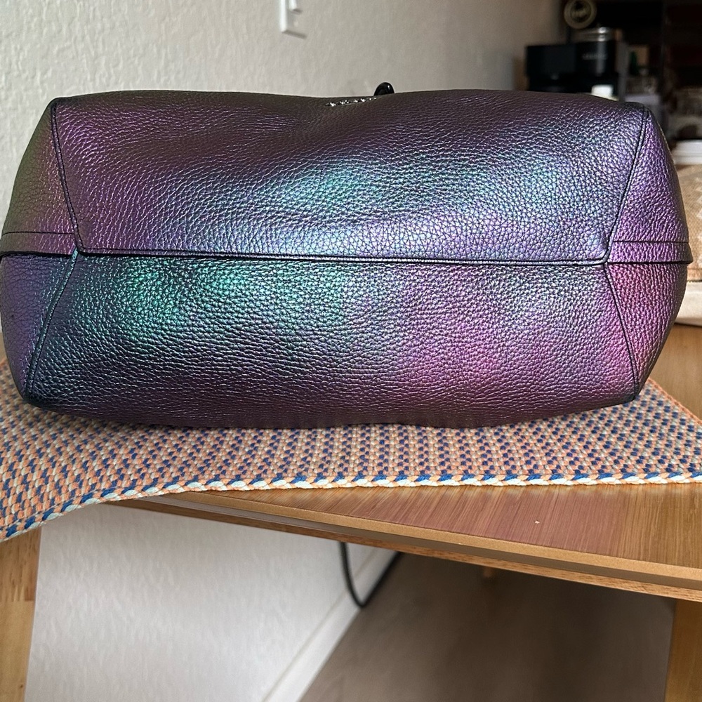 Coach Iridescent Green and Purple Pebbled Leather Tote - Picture 5 of 8
